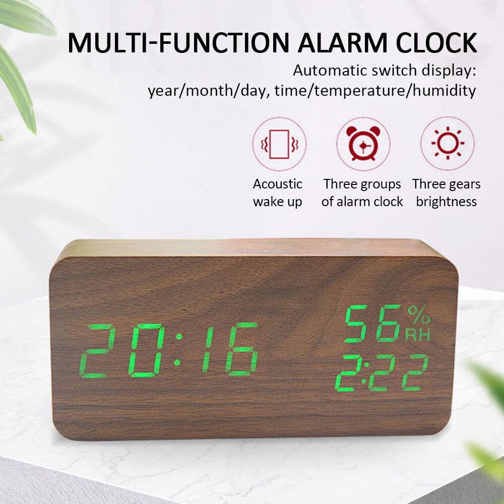 Wooden Digital Clock Multifunction Led Alarm Clock With Time Date
