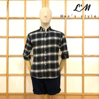 LM Mens style เสื้อเชิ้ตชายผู้ชายแขนยาว ลายสก็อต