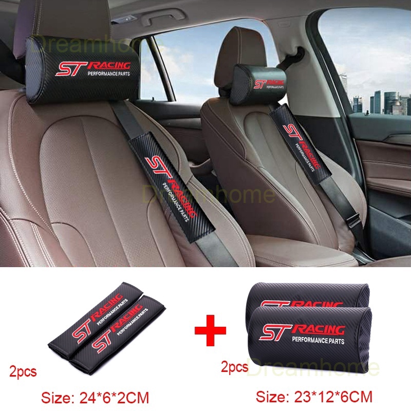 ST Racing สัญลักษณ์คาร์บอนไฟเบอร์โลโก้เย็บปักถักร้อย 2 ชิ้นรถที่นั่งคอหมอน 2 ชิ้นเข็มขัดนิรภัยไหล่ p