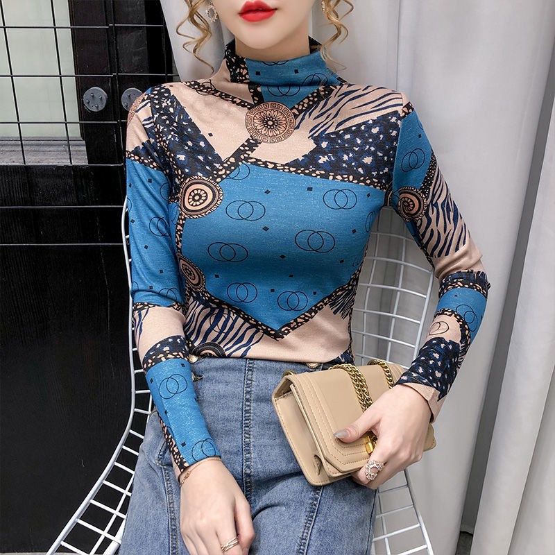 ผู้หญิงคอสูงแขนยาว จุดต่ําสุด เสื้ออารมณ์สีเสื้อเสื้อสวมหัวคอเต่าแขนยาวบางท็อปส์ขนาดบวก