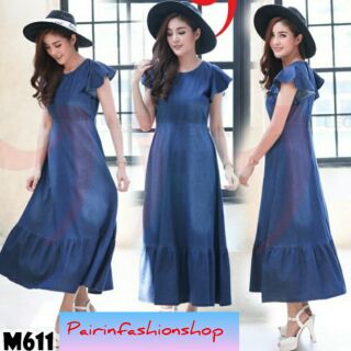 Long sleeve maxi dress with ruffled sleeves Leonineแม๊กซี่เดรสยาวคอกลมแขนระบาย