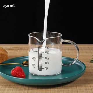 250ml ถ้วยตวง ทนความร้อนสูง Borosilicate ถ้วยวัดแก้วบีกเกอร์ พร้อมที่จับและฝาไม้ไผ่