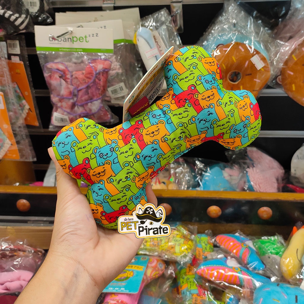 Pawsome ของเล่นสุนัข สำหรับสุนัขตัวเล็ก ตุ๊กตากระดูกผ้าพิมพ์ลายหมียิ้ม ของเล่นลูกหมา บีบมีเสียงปี๊บๆ