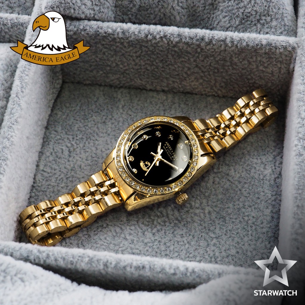 ✢AMERICA EAGLE นาฬิกาข้อมือผู้หญิง สายสแตนเลส รุ่น AE099L –GOLD/BLACK
