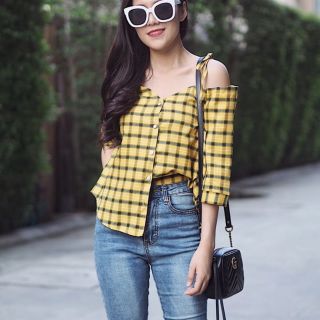 Plaid Off Shoulder Blouses