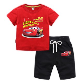 READY STOCK Cars Lighting MCQueen Boys เสื้อยืดเสื้อ + กางเกงขาสั้นกางเกงเด็กฤดูร้อน 2 ชิ้นชุดชุด