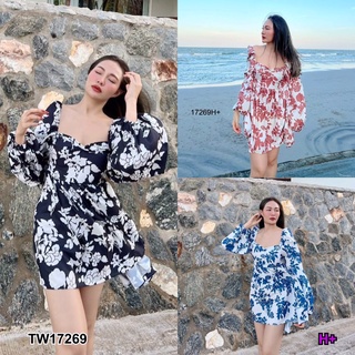 17269 เดรสสั้น แขนพอง ลายดอกไม้ เว้าหลัง Short dress, puff sleeves, floral print, cut-out back