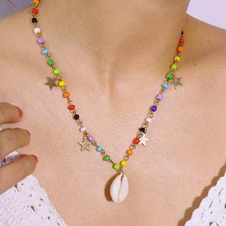 Colorful Boho Beaded Star Shell Pendant Tassel Necklace