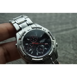 นาฬิกา Vintage มือสองญี่ปุ่น ARMUREระบบCHRONOGRAPH เดินหมดทุกเข็มผู้ชาย ทรงกลม กรอบเงิน หน้าดำ หน้าปัด 40mm