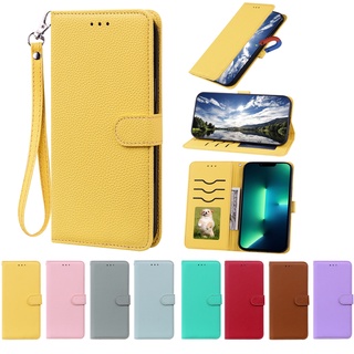 เคสโทรศัพท์มือถือหนังนิ่ม ฝาพับ ลายลิ้นจี่ พร้อมช่องใส่บัตร สีพื้น หรูหรา สําหรับ Samsung Galaxy A13 A32 A53 A53S A72 4G 5G