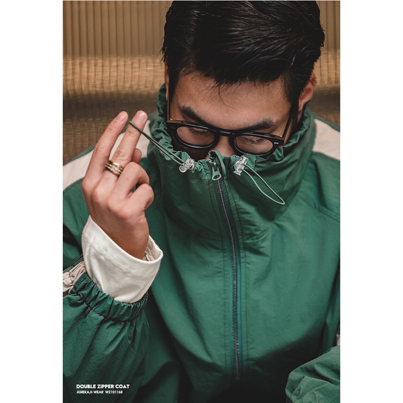 Retro Tooling ผู้ชายหลวมที่ถอดออกได้ซิปคู่แจ็คเก็ตฤดูใบไม้ผลิและฤดูใบไม้ร่วงสั้น Colorblock Letter Jacke — صورة 6