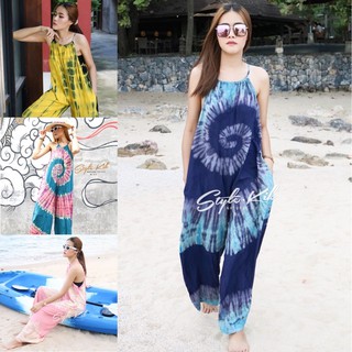 Style kik | jumpsuit style tiedye ชุดจั้มสูทยาว สายผูกคล้องคอ ชุดหมี ชุดผ้ามัดย้อม