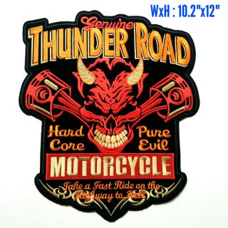 ป้ายปักตัวรีดติดหลังเสื้อแข่งรถ ขนาด10.2" x12" นิ้ว ลายหัวกะโหลก  THUNDER ROAD MOTORCYCLE HARD CORE HARLEY DAVIDSON