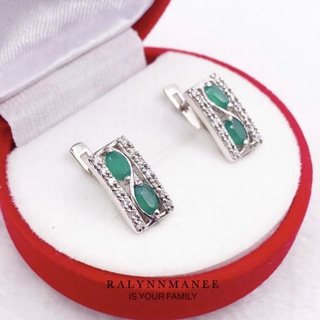 T6418 ต่างหูพลอยโมราแท้ ( Chrysoprase ) แบบอิงลิชล็อค ตัวเรือนเงินแท้ 925 ชุบทองคำขาว