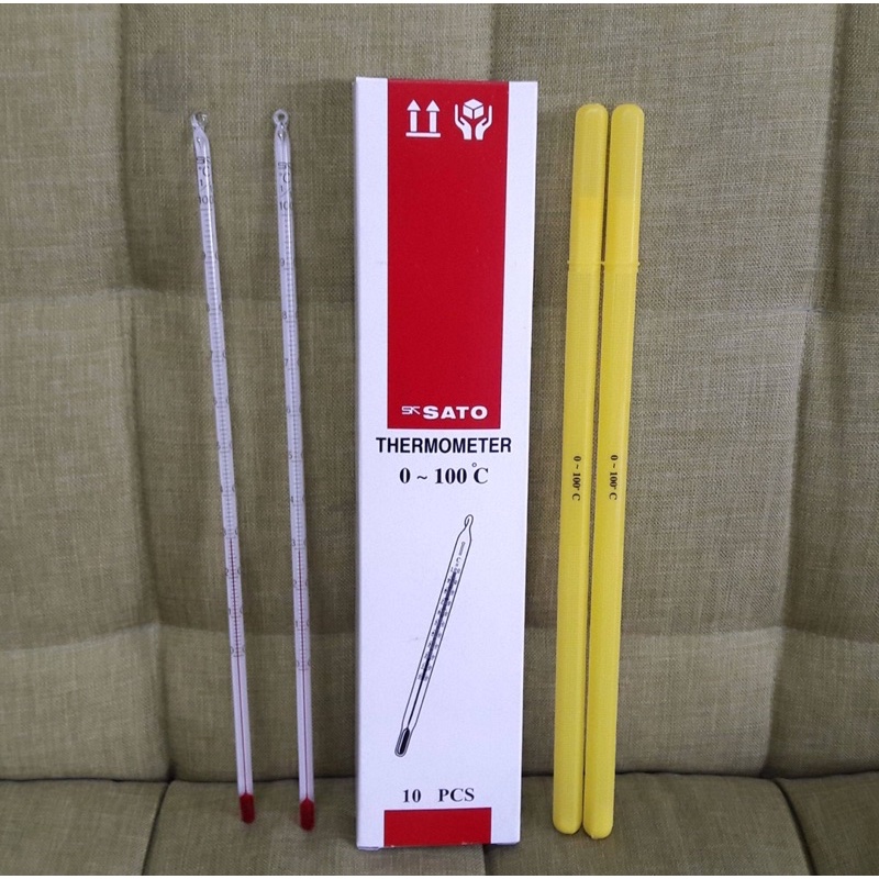 ปรอท เทอร์โมมิเตอร์ เนื้อแก้ว 0-100 , 0-150 , 0-200 องศา เส้นกลางสีแดง ความยาวหลอดแก้ว 30 ซม. ราคาต่อชิ้นคะ