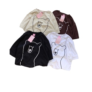 พร้อมส่ง ผ้าคอตตอนเสื้อยืด oversize ปักลายสไตล์มินิมอล สกรีนลายหมีเส้น