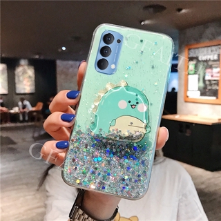 New เคสโทรศัพท์ OPPO Reno5 Reno 5 4 Pro 5G 2021 Reno4 4G Case Cute Cartoon Dinosaur Quicksand Bracket Phone Casing with Stand Holder Soft Clear Bling Glitter Back Cover