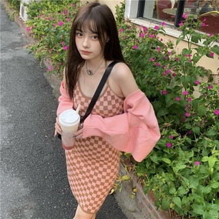 chuuchop_พร้อมส่ง(C7432)(C7433) 🌷🧸 ขายแยกชิ้น CHECKIES dress&amp;cardigan เดรสสั้นสายคล้องคอลายตาราง&amp;คาดิแกนแขนยาวสีชมพู