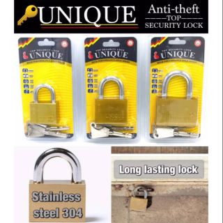 UNIQUE SECURITY LOCK กุญแจคล้องสแตนเลส สีทอง พร้อมลูกกุญแจ ล็อคประตู กันขโมย ตัวคล้องหนา