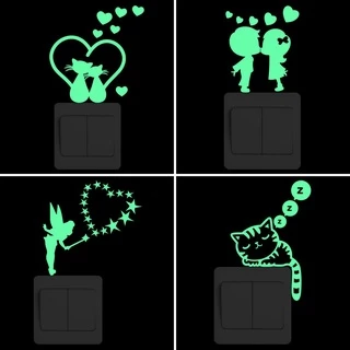 การ์ตูนตลกเรืองแสงใน Dark Wall Switch สติกเกอร์ - Fairy Stars/แมวปลาผีเสื้อ/สุนัข/Gecko/Spider/Footprint/Hearts/Candle/Fall in Love Lover...