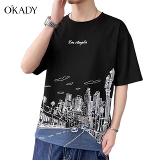 OKADY เสื้อยืดแขนสั้นผู้ชายฤดูร้อนบางพิมพ์แฟชั่นสบาย ๆ หลวม