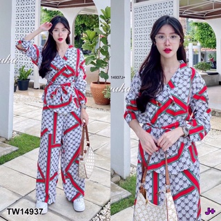 TW14937 Set 2 ชิ้น เสื้อคอปกสูทเบลเซอร์ กระดุมหน้าคู่ แขนยาว + กางเกงขายาวเอวยางยืดสม็อก มีสายผูกเอว เนื้อผ้าไหมเกาหลี