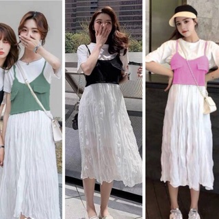 Fashion Set เสื้อยืดแขนสั้น ผ้าคอตตอน มาพร้อมเอี๊ยมเดรส