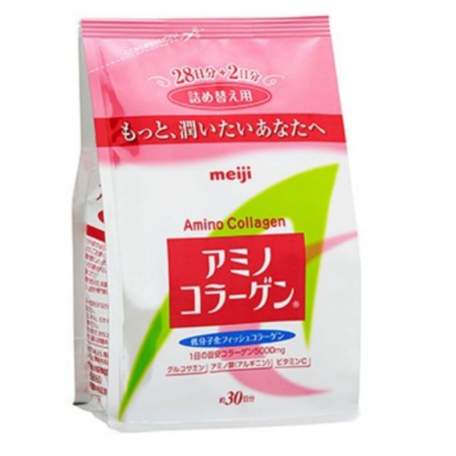 ของแท้ !! จากญี่ปุ่น Meiji Amino Collagen 5000mg ทานได้ 30 วัน (214g) แบบรีฟีล ซองสีขาวชมพู
