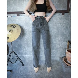 Cc jeans 019 S-5XL กางเกงยีนส์ผู้หญิง ทรงกระบอก เอวสูง แต่งกระเป๋าข้าง กางเกงผู้หญิง