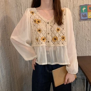 Cicishop(พร้อมส่ง)NEW IN เสื้อครอปผ้าถักงานปักดอกทานตะวันชายเสื้อซีทรูตะมุตะมิน่ารักมากๆ(A19/A199)