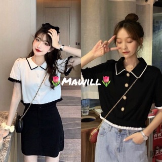 🌟Mawill🌟 เสื้อครอปคอปก เสื้อโปโลแขนสั้น แต่งกระดุมหน้า คิ้วท์ๆ เสื้อผ้าแฟชั่น เสื้อแฟชั้นผู้หญิง #25006