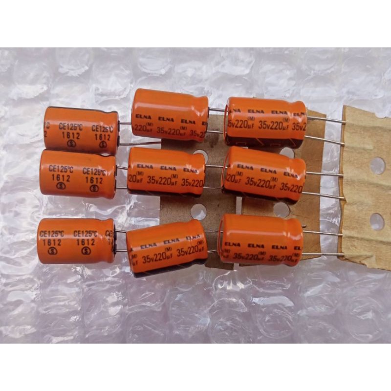 (10ชิ้น) Capacitor220uF 35V ELNA 125C สีส้ม ขนาด15x10mm. วงจรอิเล็คทรอนิกส์แหล่งจ่ายไฟ Power Supplyข