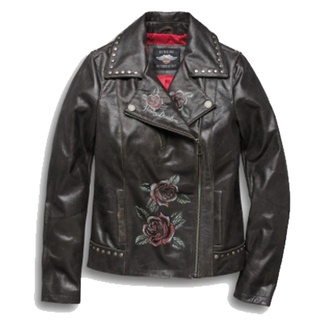 เสื้อแจ็คเก็ตลิขสิทธิ์แท้ HARLEY-DAVIDSON Womens Roses &amp; Studs Leather Biker Jacke