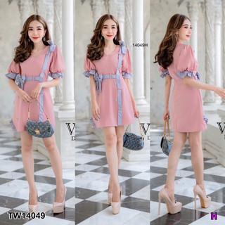 J14049 Dress เดรส แขนพอง แต่งโบว์ Puff sleeve dress with bow