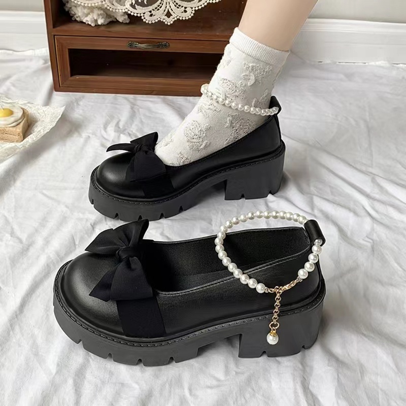 🔥พร้อมส่ง🔥รองเท้าแมรี่เจนผู้หญิงสไตล์เกาหลี รองเท้าหนังผู้หญิง ตกแต่งโซ่มุก