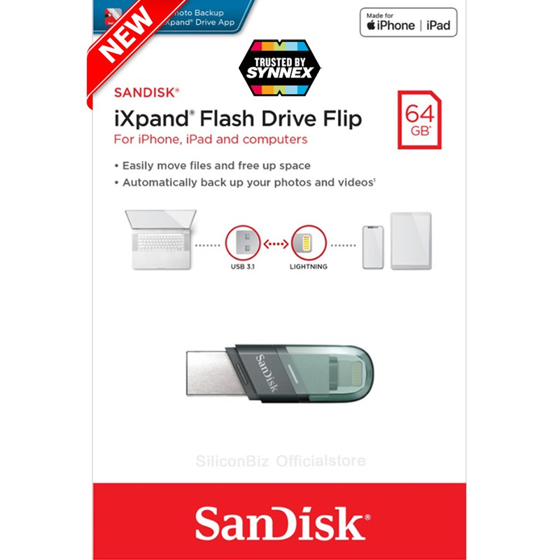 SanDisk iXpand Flash Drive Flip 64GB for i Phone and i Pad OTG (SDIX90N-064G-GN6NN) แฟลตไดฟ์ โอนย้าย