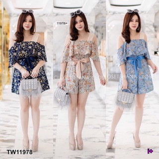 ❤️ TW11978 Jumpsuit #สาวอวบ จั๊มสูทขาสั้น สายเดี่ยว แต่งระบายรอบแขน พร้อมโบว์ผูกเอว สลับสี ทรงน่ารัก ใส่ชิวว