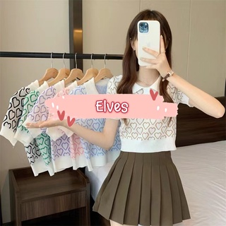 Elves✨พร้อมส่ง✨ เสื้อไหมพรมแขนสั้น คอปก ดีเทลลายหัวใจทั้งตัวสีพาสเทล ~6A61~