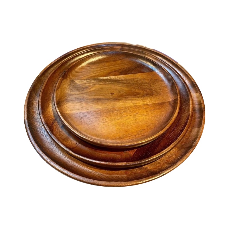 จานไม้กลม แบบขอบมน สำหรับใส่อาหารสีเข้ม