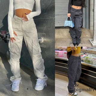 Bigmall- กางเกงยีนขายาว เอวสูง สไตล์คาร์โก้ สําหรับสตรี