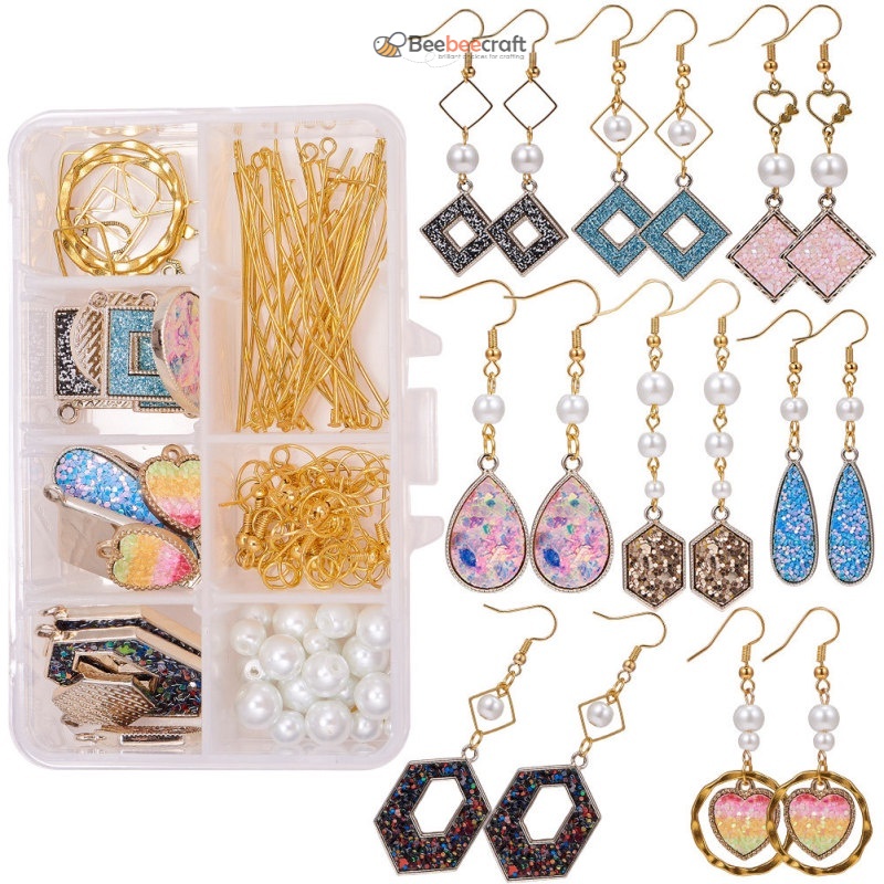 SUNNYCLUE 1 Box DIY Make 10 Pairs Acrylic Seed Beads Earrings Making Kit 5  Styles Flat Round Square Acrylic Pendants & Earring Hooks for Adults DIY