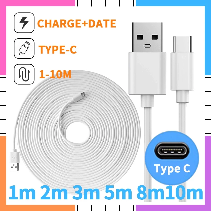 คลังสินค้าพร้อม1M 2M 3M 5M 8M 10M ยาว USB Type C สายชาร์จ USB C สายชาร์จข้อมูลสําหรับ Type C โทรศัพท์กล้อง