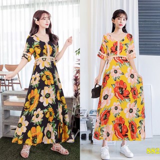 [BaHanmei] เดรส ชุดเดรสยาว ชุดเดรสแฟชั่น เอวสม๊อค ตกแต่งชายแขนเสื้อน่ารักๆ