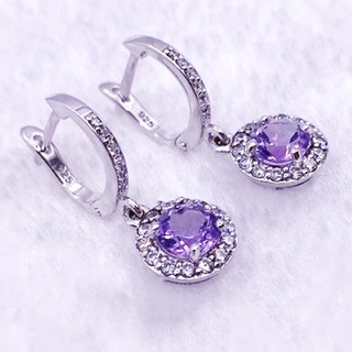 L6404 ต่างหูพลอยอเมทิสต์แท้ ( Amethyst ) แบบอิงลิชล็อค ตัวเรือนเงินแท้ 925 ชุบทองคำขาว