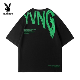 PLAYBOY เสื้อยืดลำลองสไตล์แฟชั่นชายและหญิง,เสื้อยืดชายหาดแขนสั้นผ้าบางพิมพ์ลายผ้าฝ้ายนุ่มใส่ได้ทั้งชายและหญิงขนาด M-3XL