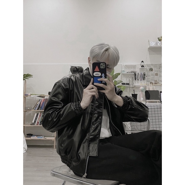 BOMBER JACKET FULL LEATHER 2 LAYERS UNISEX FORM สําหรับผู้ชายและผู้หญิง (ภาพจริง)