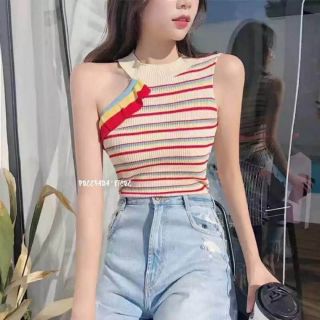 เสื้อไหมพรมเว้าไหล่ ทอสีทูโทนสลับกัน ผ้าทอลายร่อง