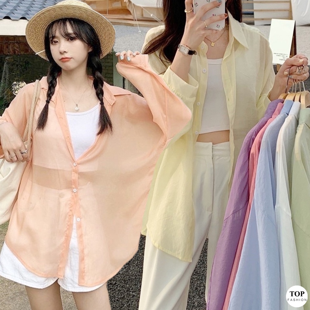 พร้อมส่งไทย ราคาถูก เสื้อเชิ้ตเกาหลีแขนยาว ผ้าชีฟองบางเบา 10 สี