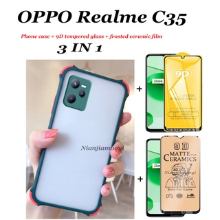 3in1 Realme C35 C25 C25S C25Y C21Y C12 C11 เคสโทรศัพท์ เป็นมิตรกับผิวหนัง + ฟิล์มกระจกนิรภัย 9D เต็มจอ + ฟิล์มเซรามิค นิ่ม