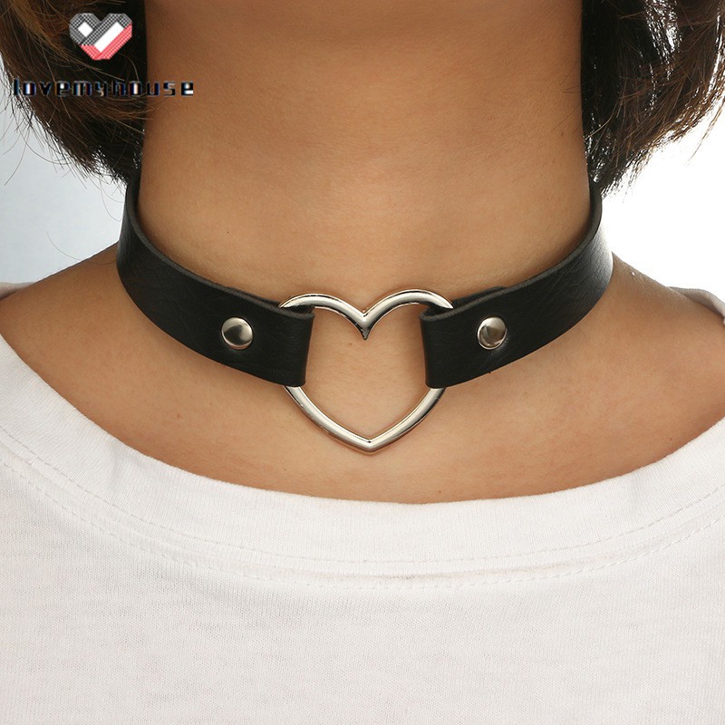 Brightnesshegemony Punk Lady Gothic Leather Choker Heart Chain Spike Rivet Buckle Collar